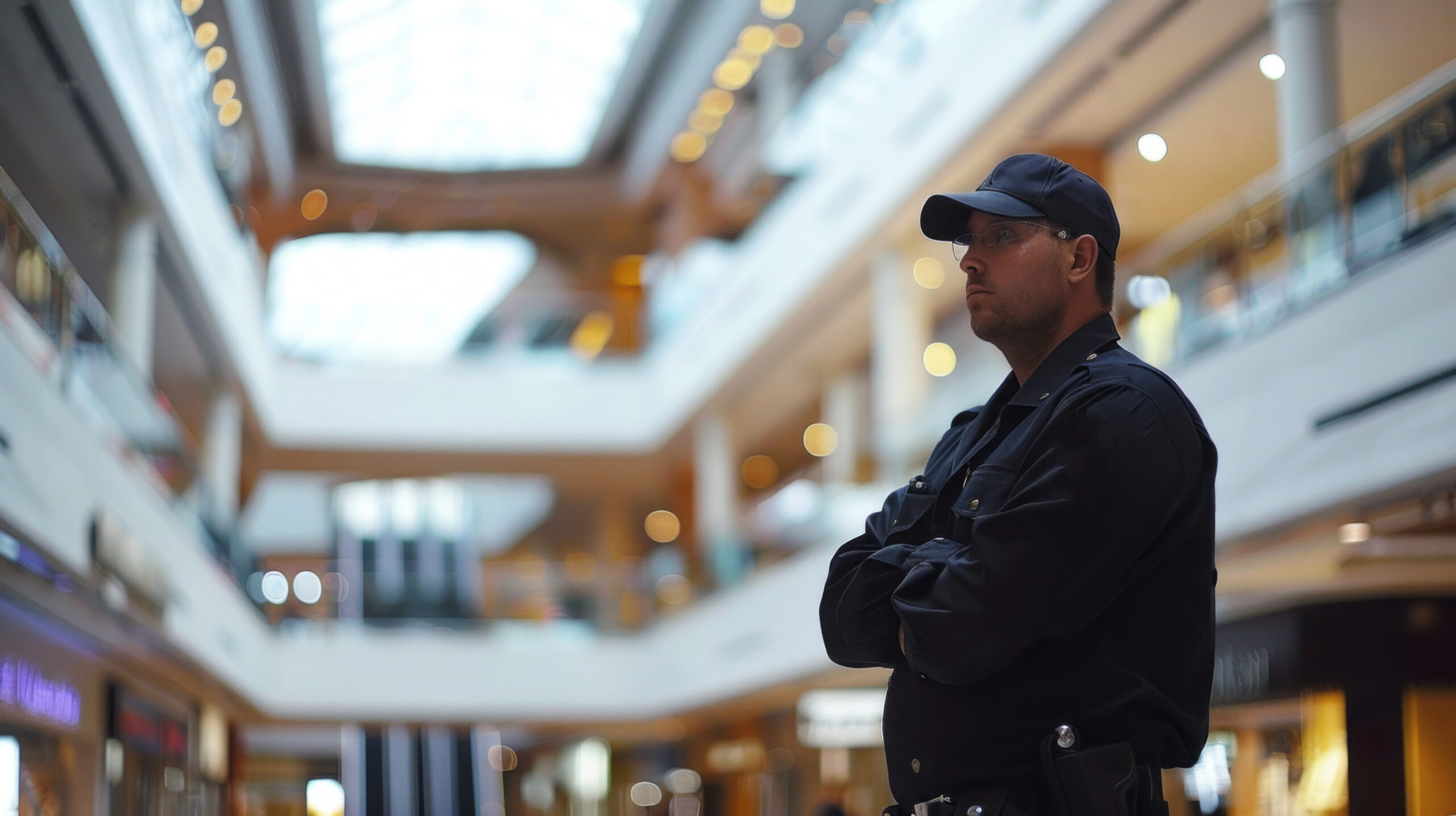 A man in a black shirt and hat stands in a mall